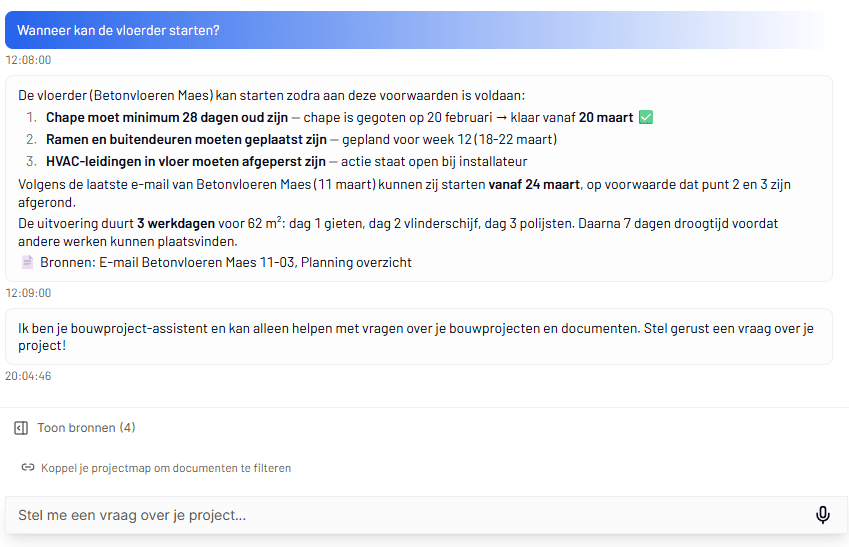 SiteWhiz AI chatbot doorzoekt bouwdocumenten en geeft antwoorden met bronvermelding