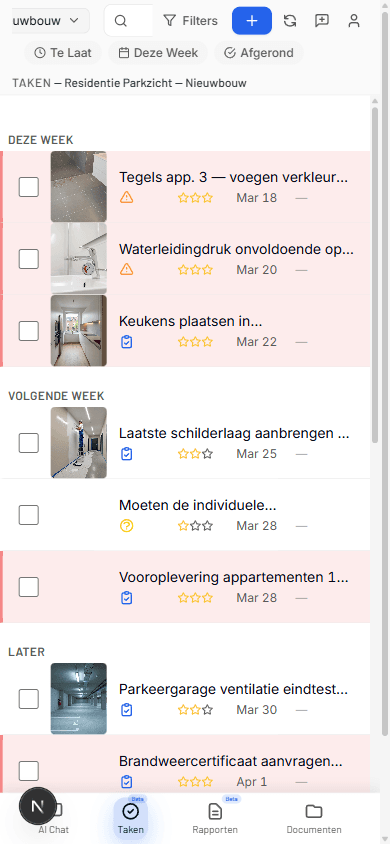 SiteWhiz mobiele app met takenlijst voor bouwproject
