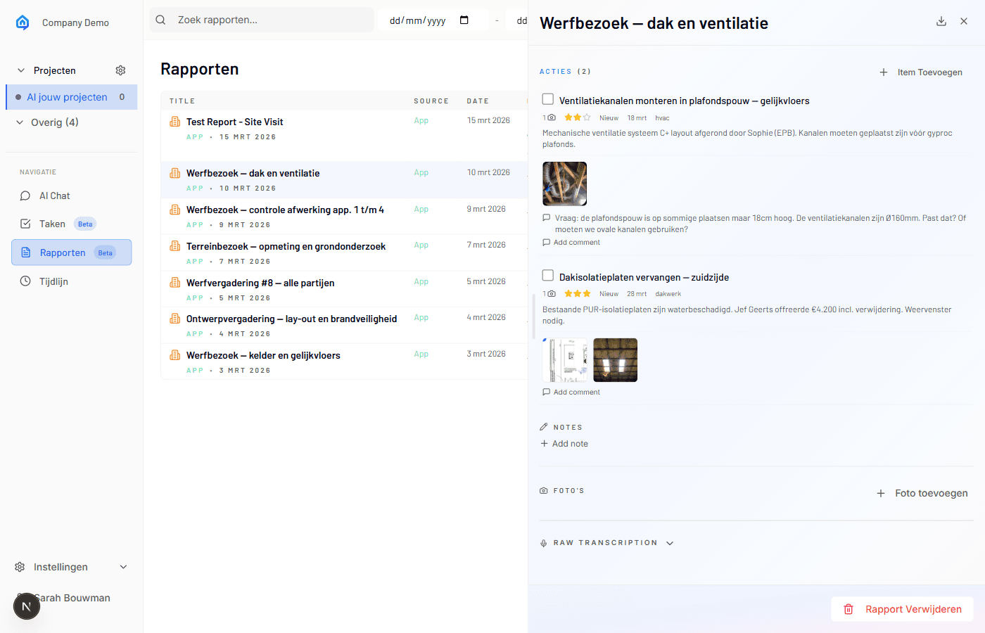 SiteWhiz rapportdetail met optie om naar Word te exporteren