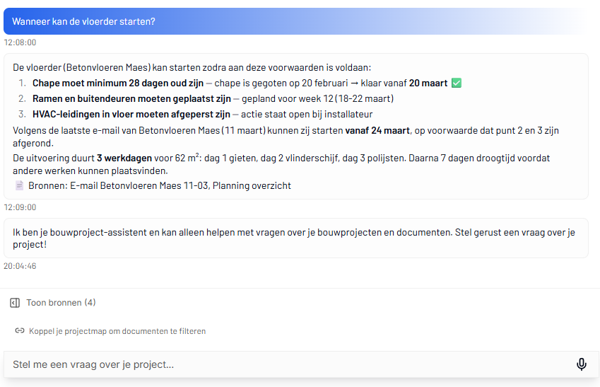 SiteWhiz AI chatbot doorzoekt bouwdocumenten en geeft antwoorden met bronvermelding