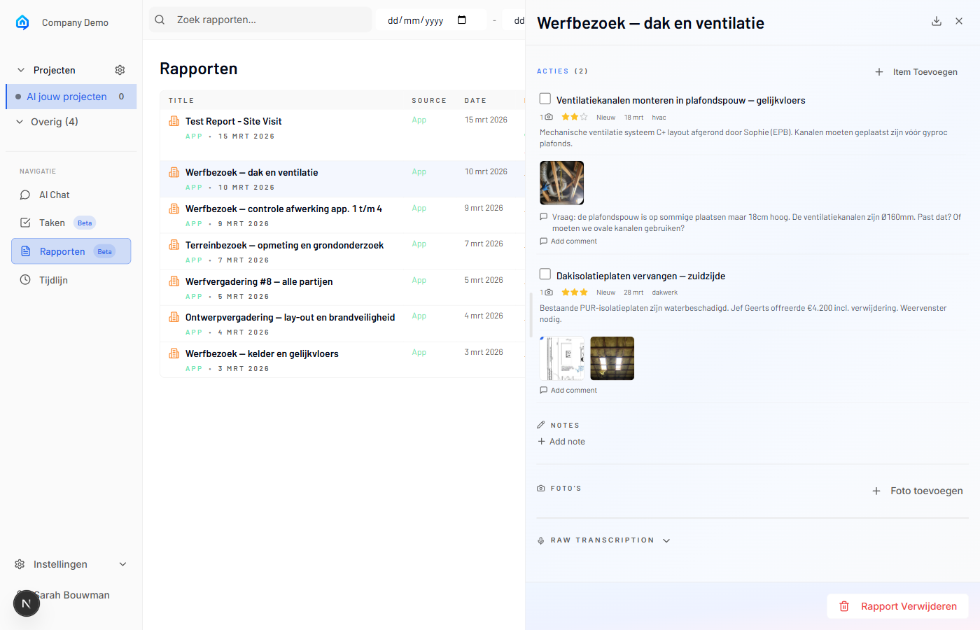 SiteWhiz rapportdetail met optie om naar Word te exporteren